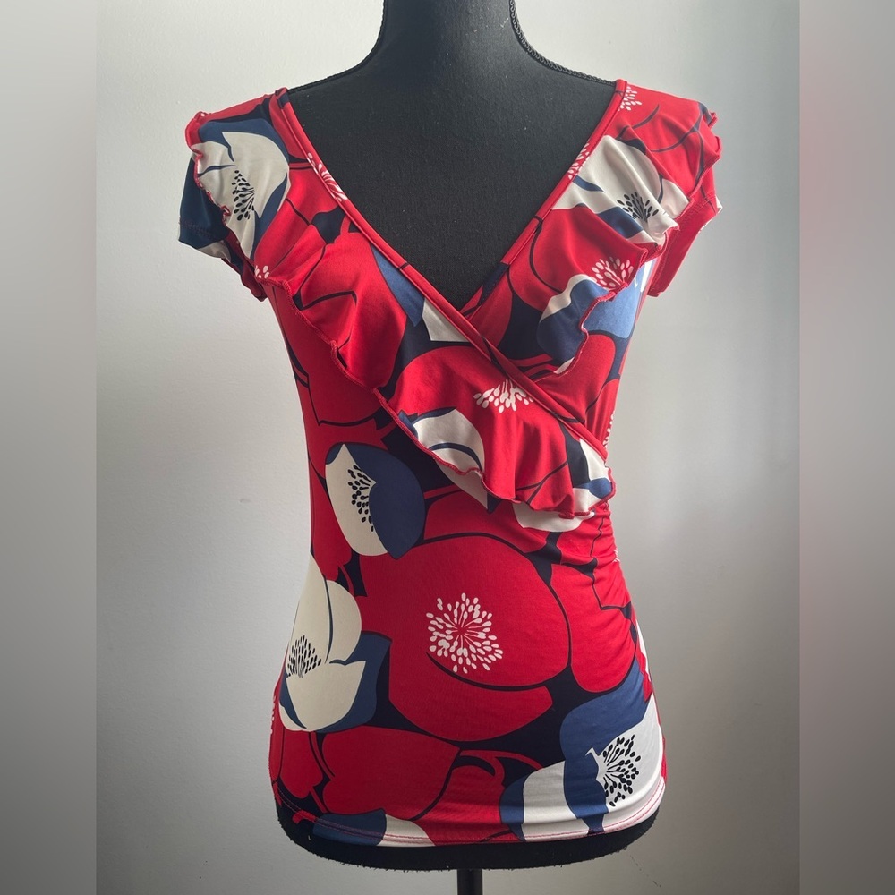 Floral Ruffle V-Neck Top - Red and Blue